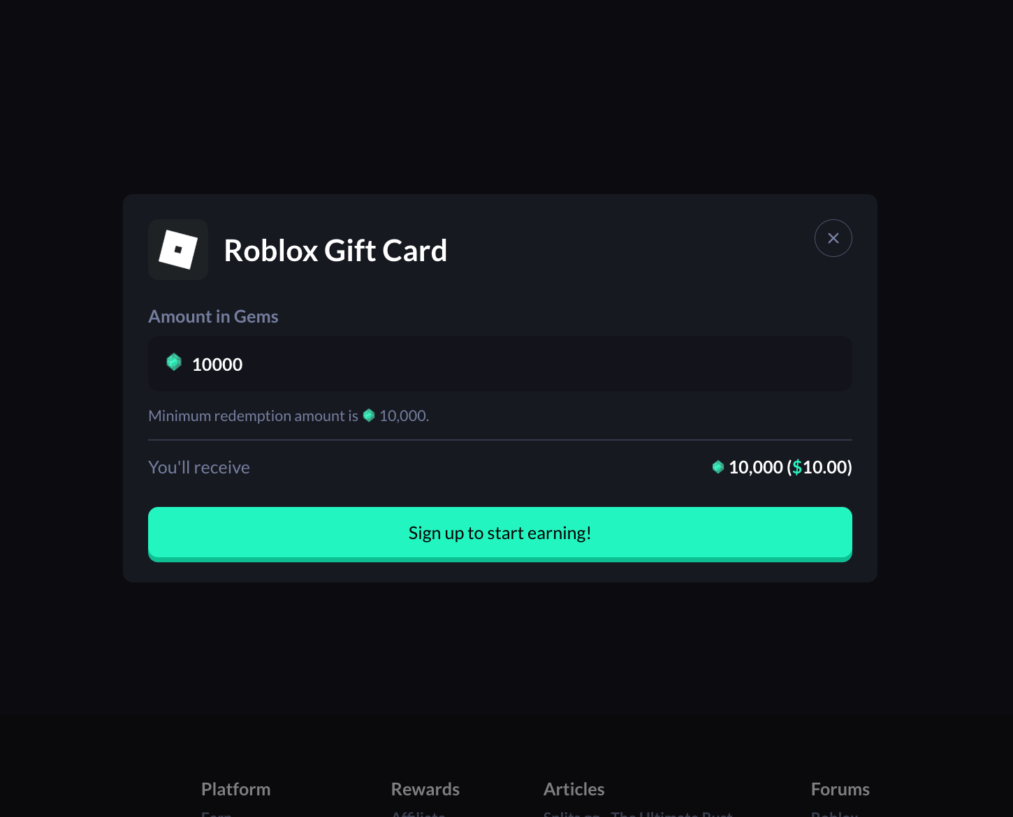 Screenshot of the cashout page