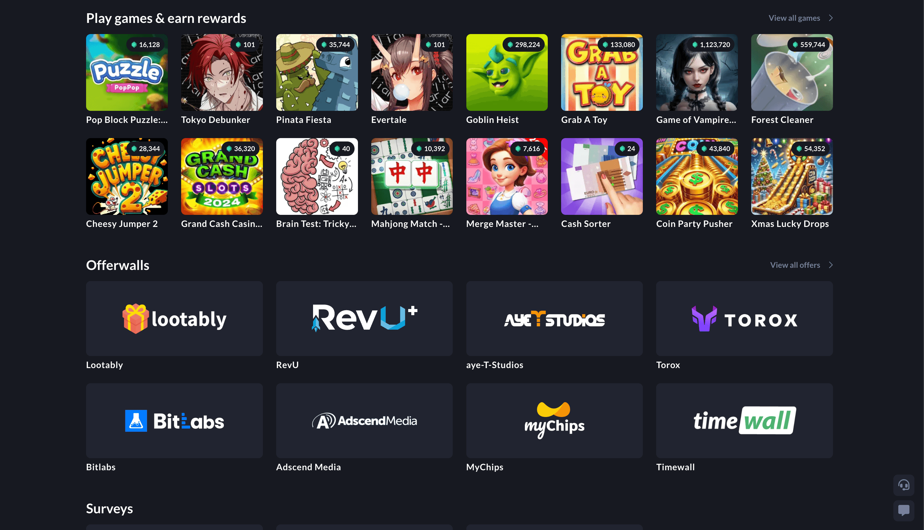 Screenshot of the earn page