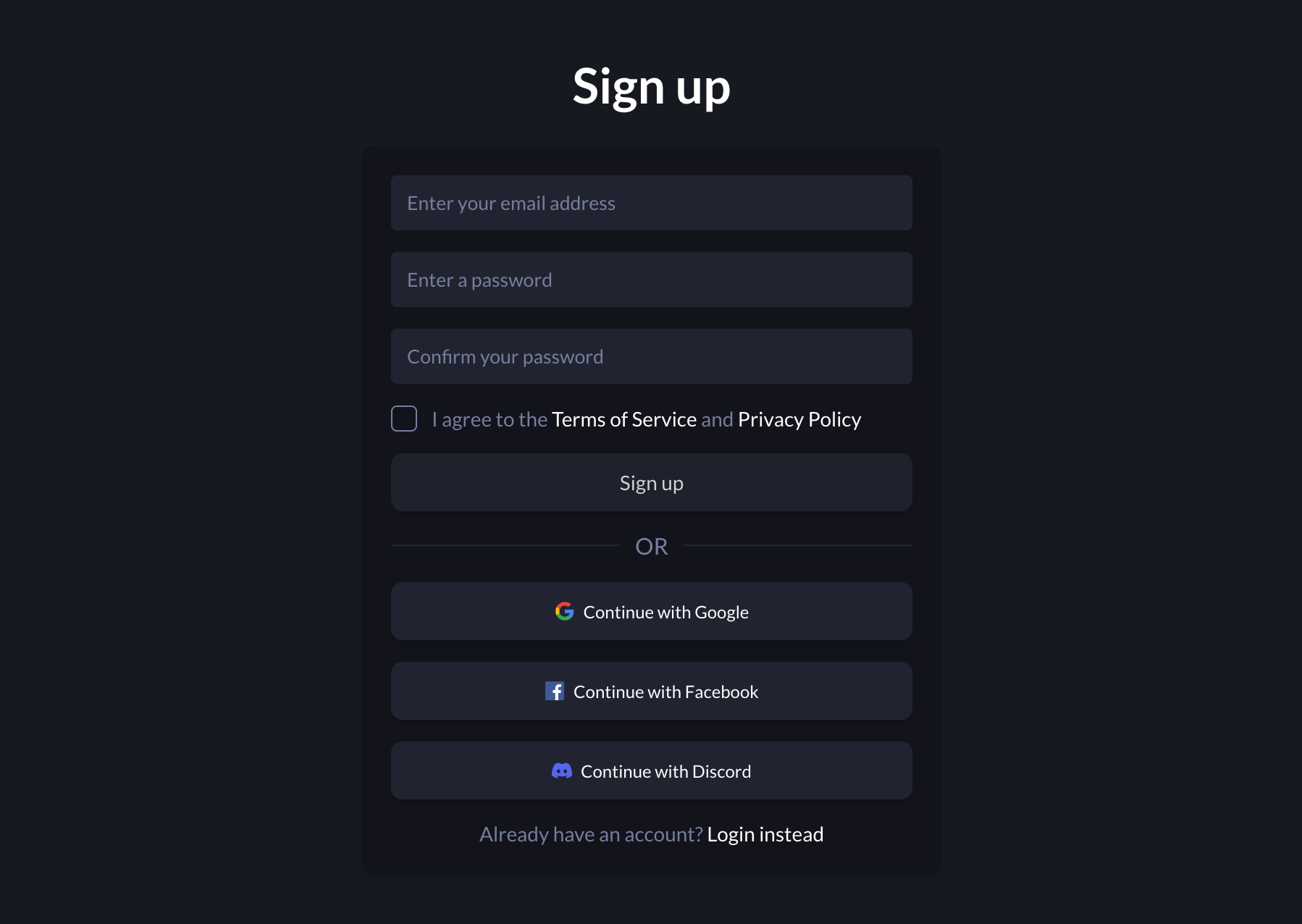 Screenshot of the signup page