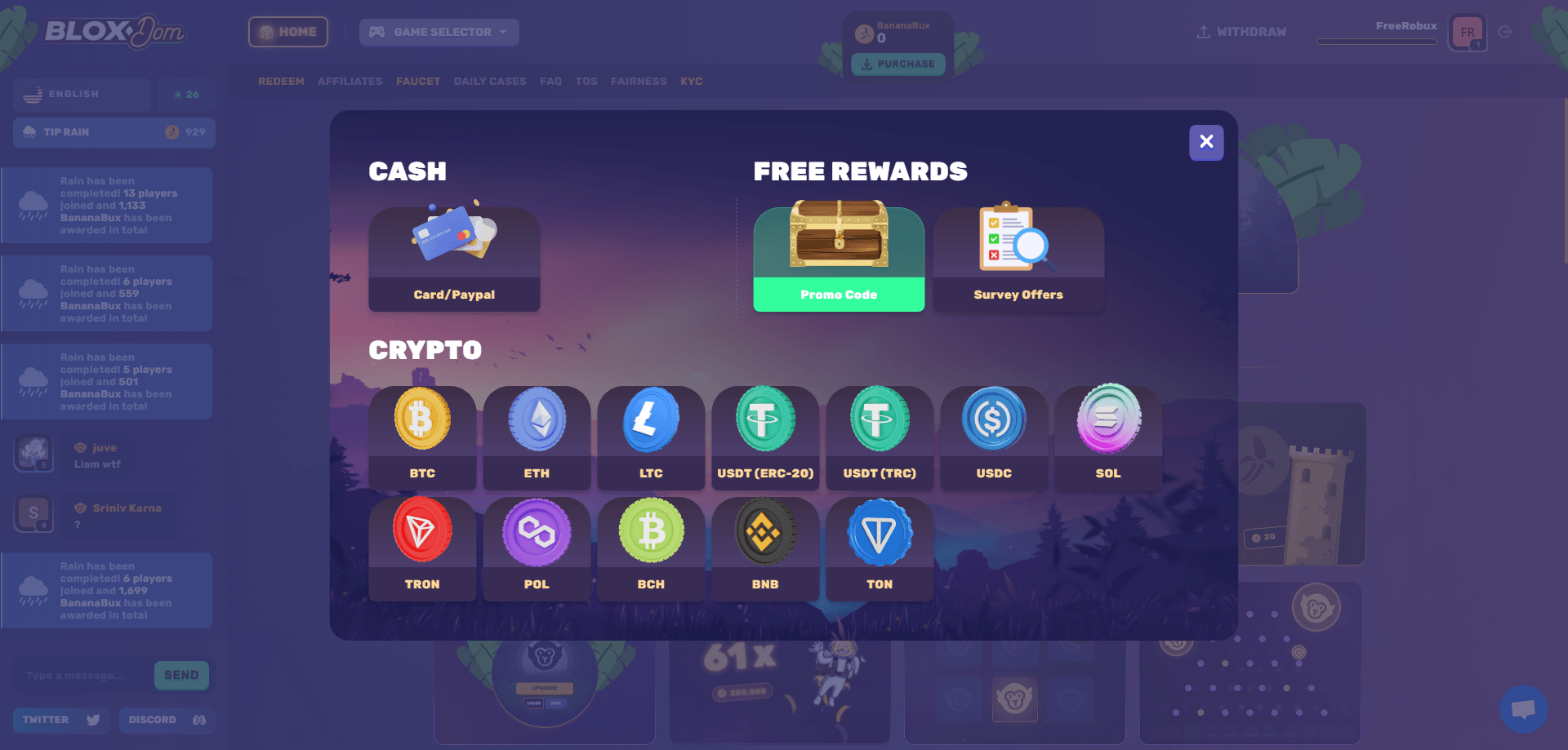 Deposit cash and crypto on Bloxdom