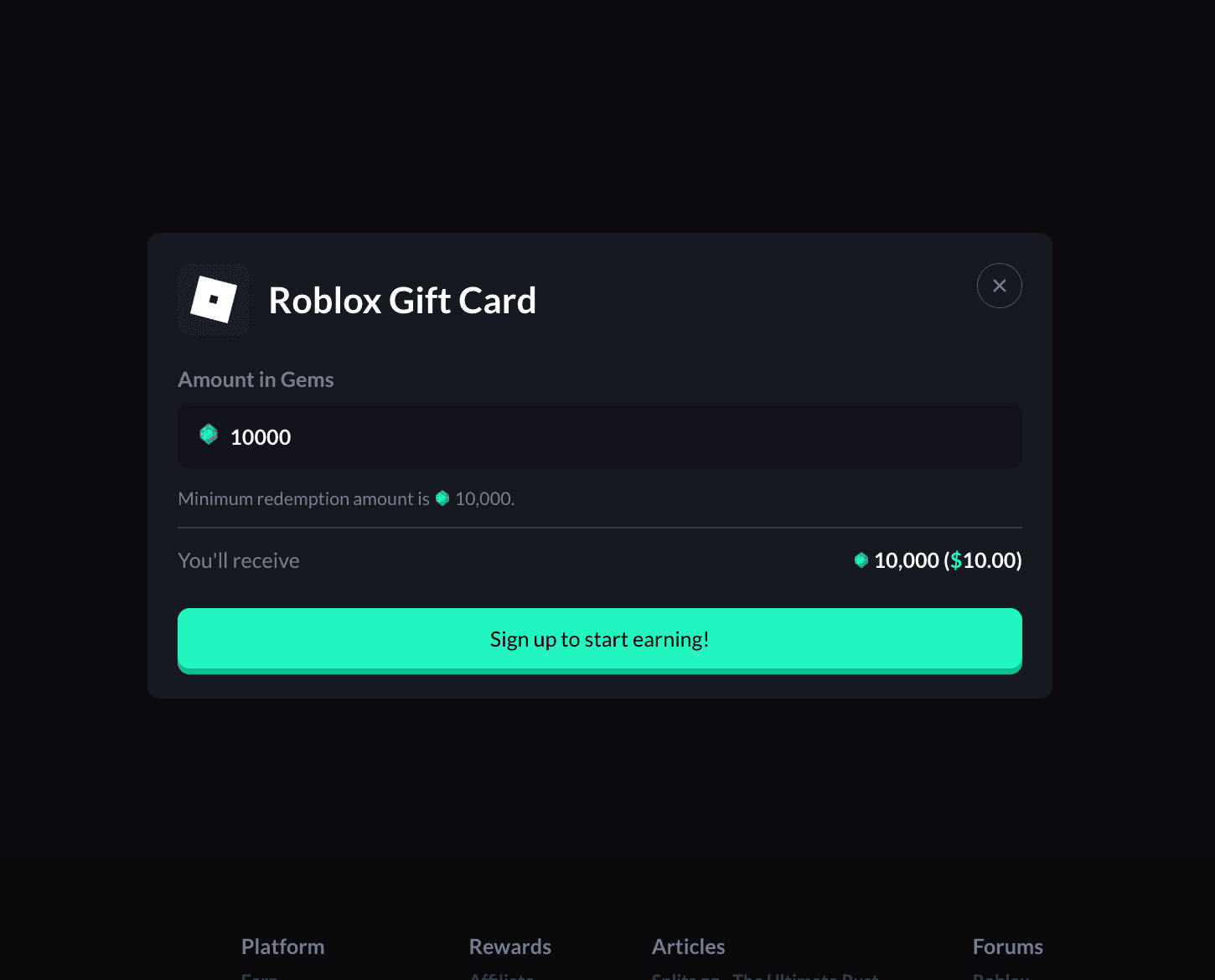 Screenshot of the cashout page