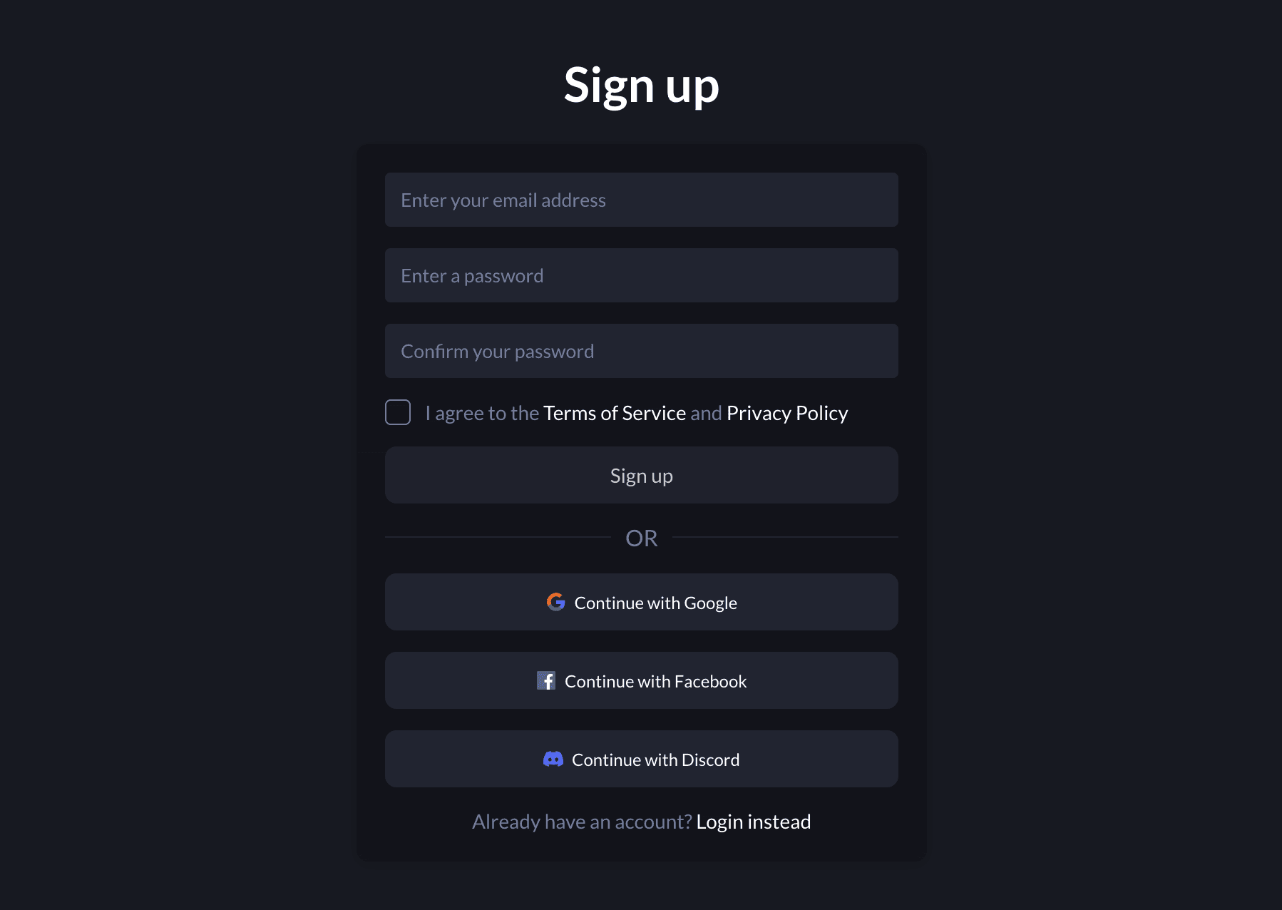 Screenshot of the signup page
